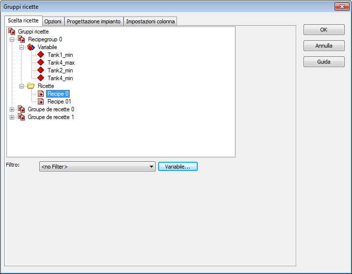 4.2.1 Selezione ricette Selezionate la ricetta cui si deve passare. Filtri Selezione del filtro, che deve essere attivo al momento del cambio. Variabile.