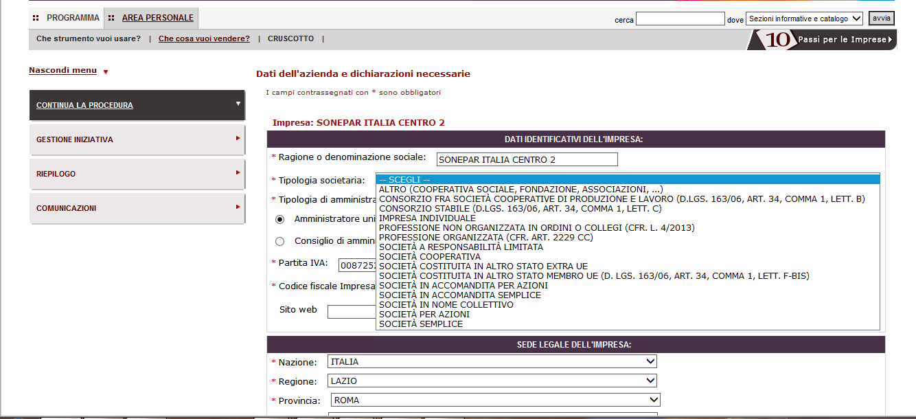 La schermata di inserimento dei Dati dell azienda e dichiarazioni necessarie si presenta così: Figura 32 - Inserimento dati dell'azienda Il Sistema ti chiede di scegliere la tipologia societaria e di