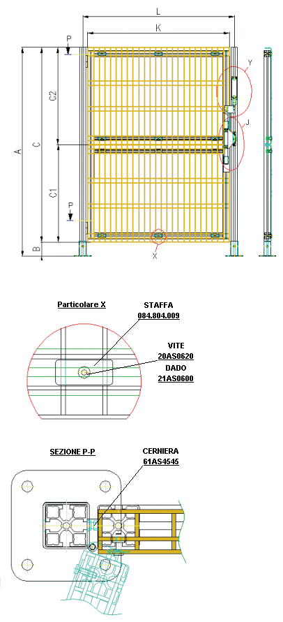 COMPLESSIVI PORTE - UNITS DOORS Esempio recinzione con porta Example fence with door L = Interasse piantone - Wheel base column K = Larghezza pannello - Panel width K = L - 71 PANNELLI IN RETE DI
