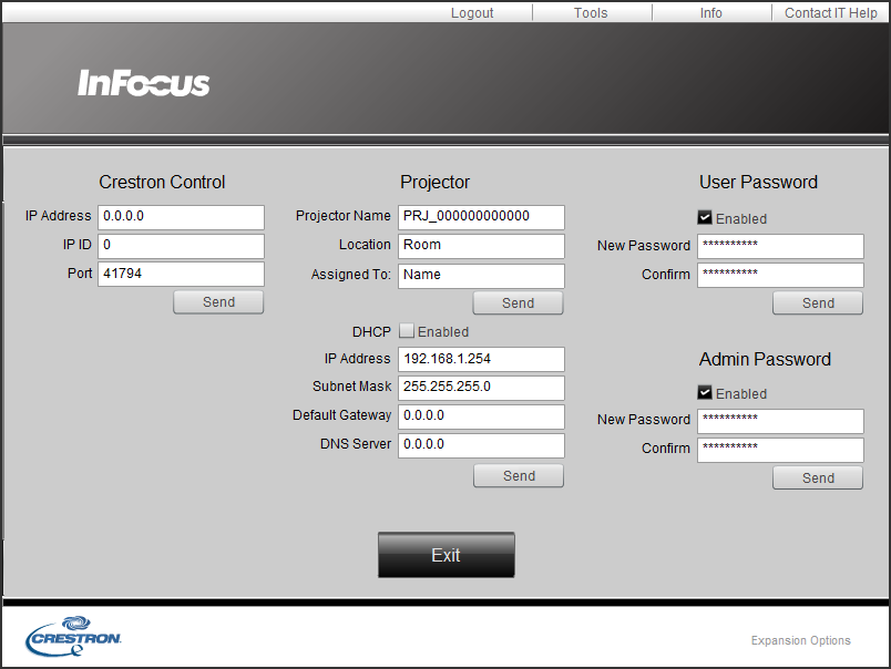 3. Controllo web 3.2 Crestron e-control (continua) 3.2.2 Finestra Tools 2 1 4 3 5 Configura le impostazioni tra il proiettore e il sistema di controllo Crestron.