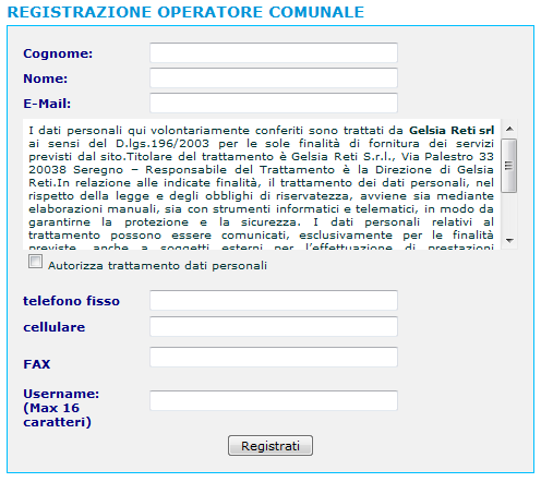 Figura 3 - Pagina di registrazione La fase di registrazione automatica al Portale è possibile