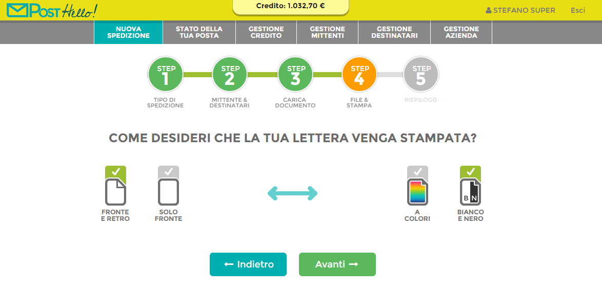 2.4 Opzioni di stampa del documento Il quarto step consiste nel definire le modalità di stampa con le quali sarà inviato il documento oggetto della spedizione.