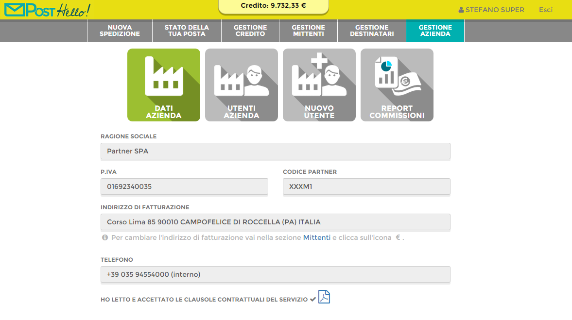 7.4.1 Funzionalità SuperUser - Cliccare su GESTIONE AZIENDA per visualizzare le funzionalità abilitate: - Cliccare su DATI AZIENDA, per visualizzare i dati