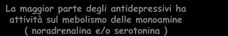 antidepressivi La maggior parte degli antidepressivi ha attività sul mebolismo delle monoamine ( noradrenalina e/o serotonina ) IMAO: blocco del metabolismo TRICICLICI: