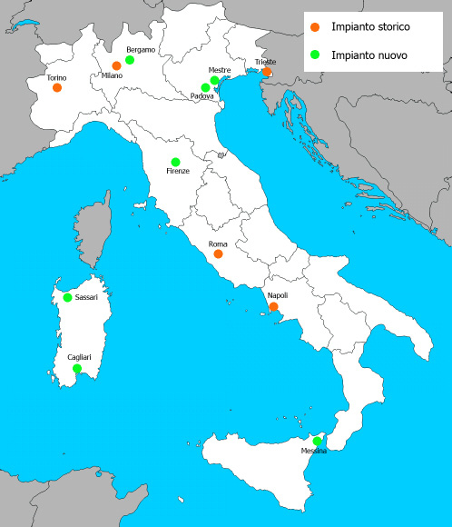 Nella cartina, insieme alle città dove il tram è stato conservato, sono indicate anche le città in cui esso è stato recentemente reintrodotto (Bergamo, Cagliari, Firenze, Messina Mestre, Padova e