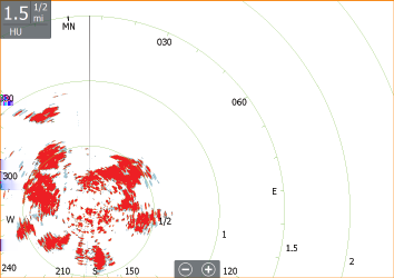 Course up (Rotta in su) Ruota l'immagine radar per visualizzare l'attuale rotta di navigazione direttamente verso l'alto.