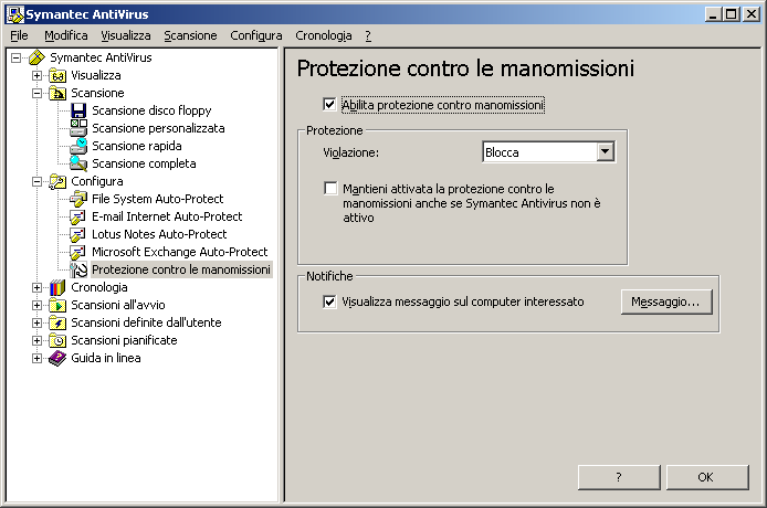 48 Protezione del computer da virus e rischi per la sicurezza Utilizzo di Protezione contro le manomissioni Per attivare, disattivare e configurare Protezione contro le manomissioni 1 Nel riquadro