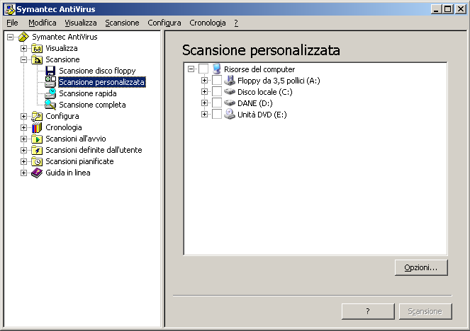 Protezione del computer da virus e rischi per la sicurezza Scansione alla ricerca di virus e rischi per la sicurezza 55 Per avviare una scansione manuale da Symantec AntiVirus 1 Nel riquadro sinistro