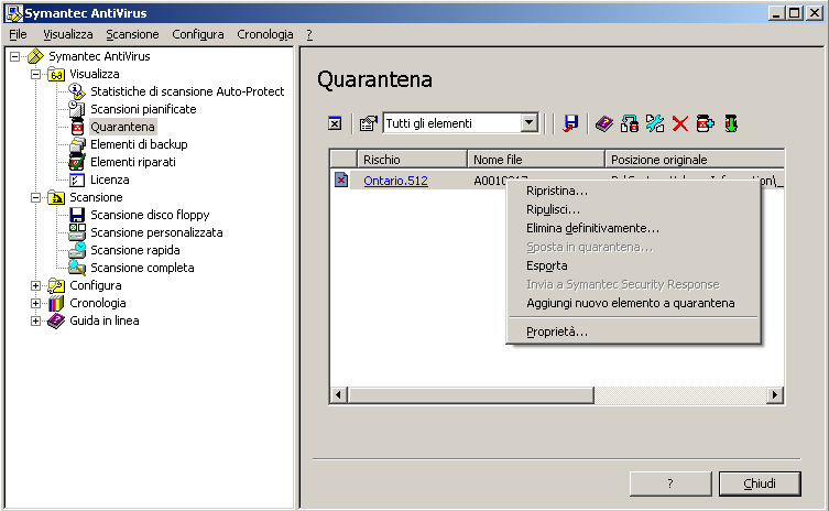 86 Cosa fare se viene rilevato un virus o un rischio per la sicurezza Gestione della quarantena 4 Selezionare il file nell'elenco della quarantena. 5 Effettuare una delle seguenti operazioni.