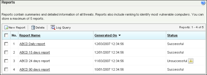 Utilizzo Worry-Free Business Security Hosted FIGURA 3-19. Schermata Nuovo rapporto 3. Aggiornare il Nome rapporto nella schermata Nuovo rapporto. 4. Selezionare gli elementi seguenti: Fuso orario.