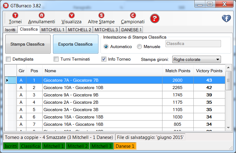 9) Classifica. La classifica è consultabile e stampabile in qualsiasi momento, si aggiorna automaticamente all inserimento dei punteggi nei vari turni.