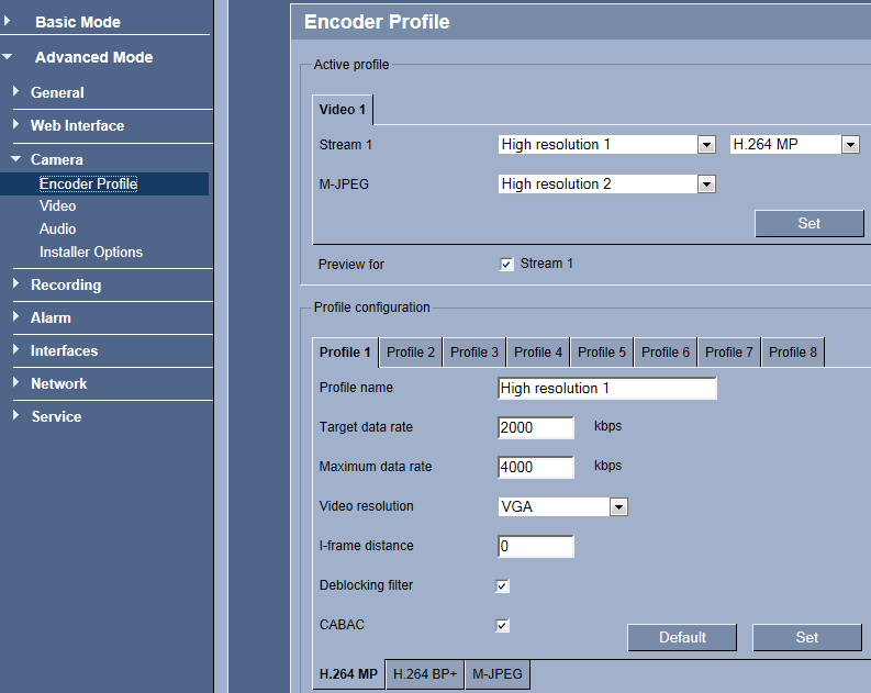 Per prima cosa entrare nel menù Advanced Mode e visualizzare il Profile 1 all interno della voce Encoder Profile (vedi foto sotto). Impostare tale flusso alla risoluzione VGA.