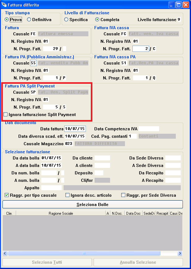 Sulla maschera di lancio, in modo analogo a quanto fatto per l IVA per cassa o per la fattura elettronica, è stata aggiunta una nuova sezione, con titolo Fattura PA Split Payment, in cui vanno
