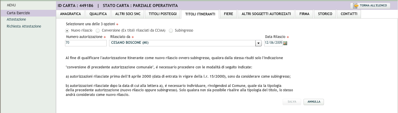 5.5 Scheda TITOLI ITINERANTI La quinta scheda che si apre è quella denominata TITOLI ITINERANTI.