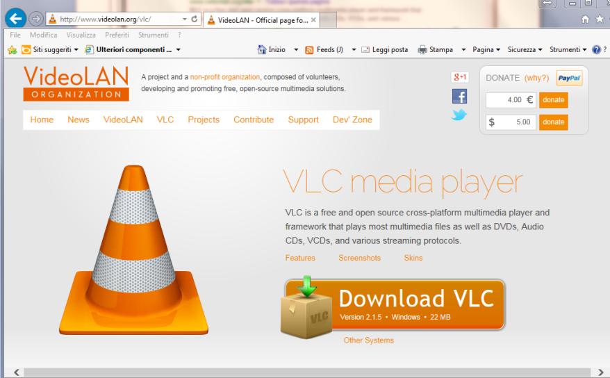 vlc nella barra di ricerca di google selezioniamo il LINK (collegamento) del sito VLC, si apre la