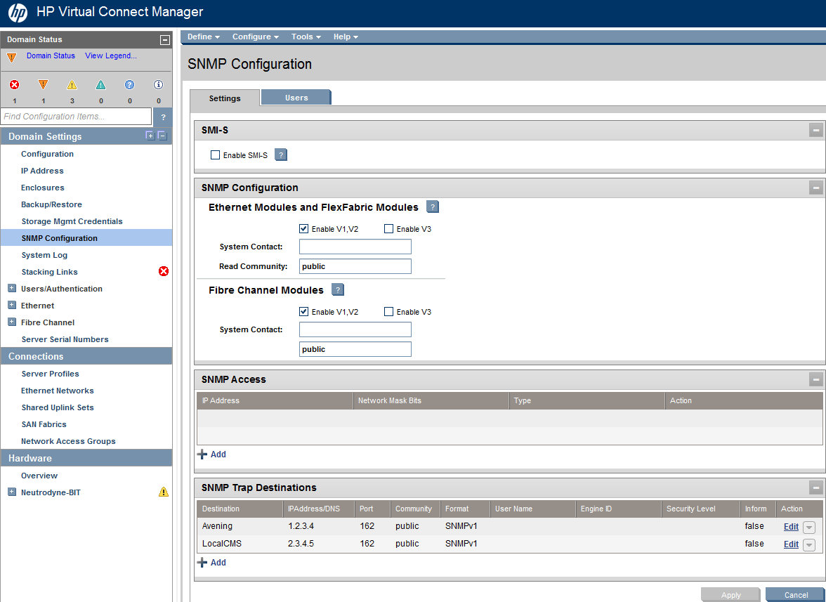 Configurazione dei moduli HP Virtual Connect 5. Nella sezione SNMP Trap Destinations, aggiungere la destinazione di trap per il dispositivo host Insight RS. 6. Fare clic su Applica.