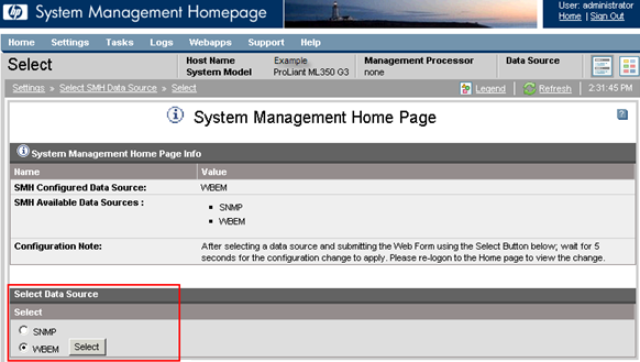 Capitolo 8: Configurazione dei server Integrity Windows 2003 1. Da un browser Web, accedere a SMH (System Management Homepage) sul dispositivo monitorato: https://[ipaddress]:2381. 2. Accedere al dispositivo monitorato con il nome utente e la password da amministratore.