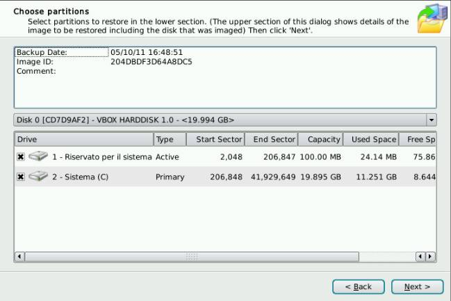 La finestra successiva indica le partizioni che verranno ripristinate,