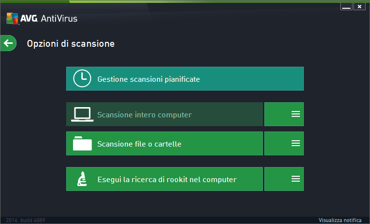 Nella finestra di dialogo Opzioni di scansione è possibile visualizzare tre sezioni principali di configurazione della scansione: o Gestione scansioni pianificate: fare clic su questa opzione per