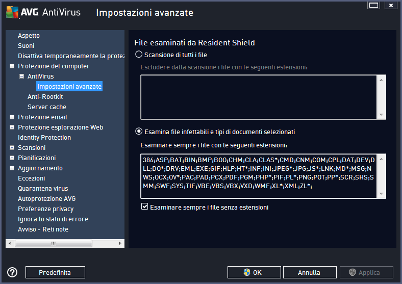 Nella finestra di dialogo File esaminati da Resident Shield è possibile configurare i file che verranno sottoposti a scansione (in base a estensioni specifiche): Selezionare la rispettiva casella di