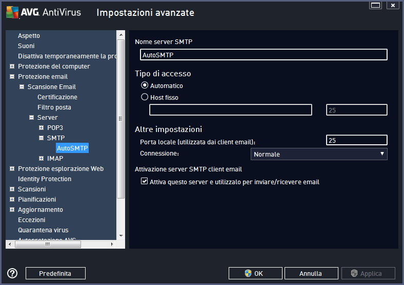 Nome server SMTP: in questo campo è possibile specificare il nome dei nuovi server aggiunti (per aggiungere un server SMTP, fare clic con il pulsante destro del mouse sulla voce SMTP nel menu di