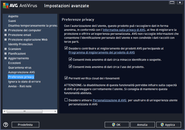 Nella finestra di dialogo sono disponibili le seguenti opzioni di impostazione: Desidero contribuire al miglioramento dei prodotti AVG partecipando al Programma di miglioramento del prodotto AVG