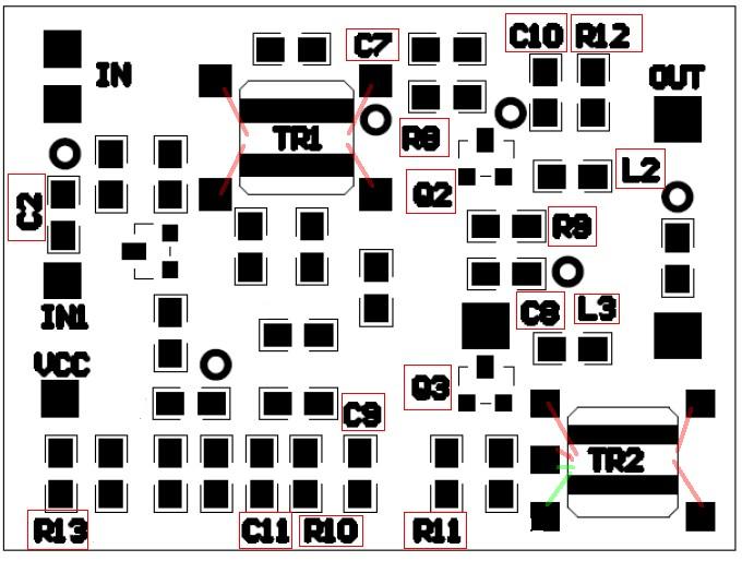 13 Amplificatore - Vista Posizionamento componenti sul PCB Assemblaggio Amplificatore Componenti da assemblare sul PCB Onde facilitare il posizionamento dei componenti e l assemblaggio del PCB e