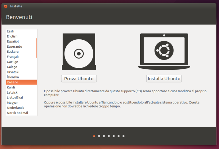 Installazione di Ubuntu sulla VM 1. Selezionare la lingua preferita 2. Cliccare sul pulsante Installa Ubuntu 3.
