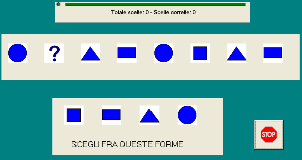 Se viene scelta la sequenza di colori l esercizio per l alunno sarà il seguente; Cliccando su uno dei quadrati colorati nella parte bassa dello schermo questo andrà a completare la sequenza sulla