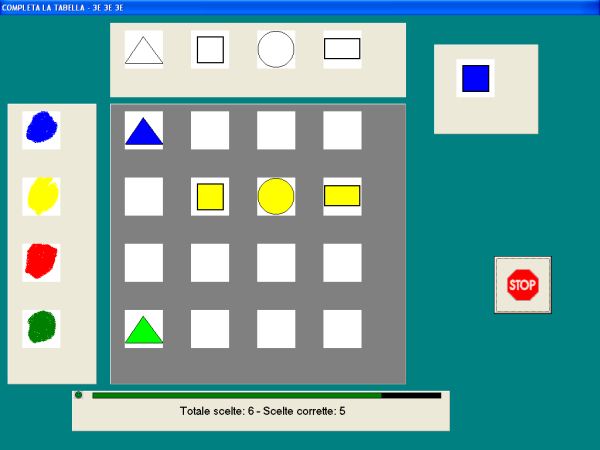 Se viene scelta la tabella di forme e colori, l esercizio per l alunno sarà il seguente; In questo caso l alunno deve cliccare nella corretta posizione della tabella per sistemare la figura colorata
