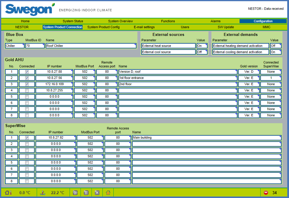 6.6.2 System Product Connection Il collegamento dei dispositivi (GOLD, Super WISE e chiller/ pompa di calore Swegon, fonti esterne) viene effettuato in questa pagina.