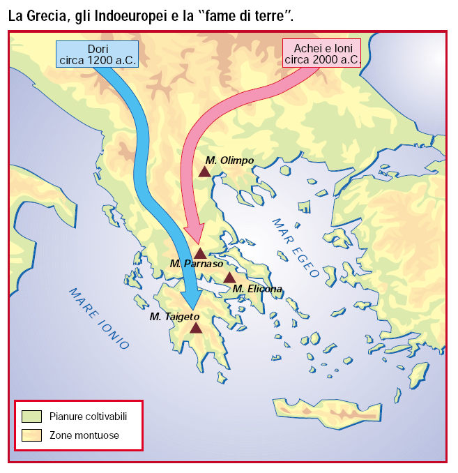 Tra il 2000 e il 1200 a.c. la greci viene occupata da popoli indeoeuropei: nell Attica gli Achei e gli Ioni, nel Peloponneso i Dori.