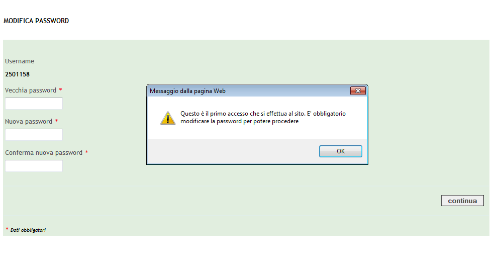 Al primo accesso il sistema richiede l aggiornamento della password.