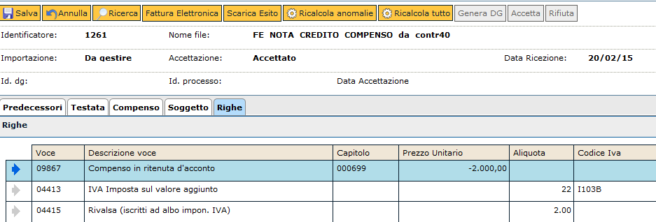 1.12 Creazione nota di credito da compenso/incarico In caso il TIPO DOCUMENTO della fattura elettronica sia TD04 (nota di credito), e il sistema dai dati presenti abbia individuato, che il documento