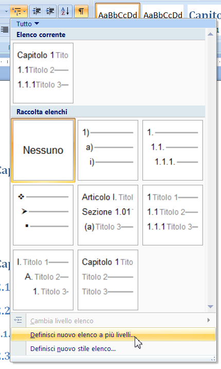 W2010: definisci un nuovo elenco a più livelli Indici e sommario Esercizio: inserire all inizio del