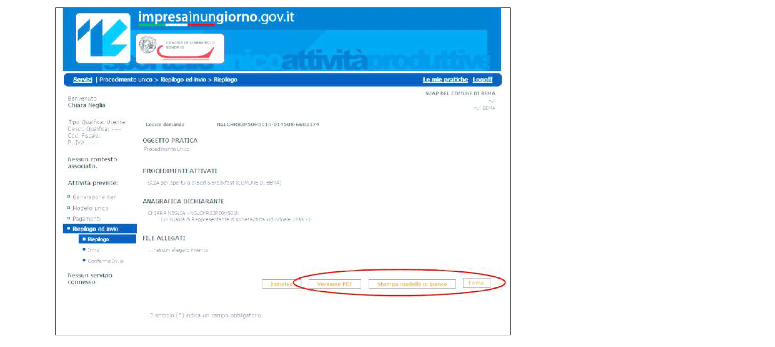 Firma e invio pratica Una volta ultimata la preparazione della pratica si accede alla schermata di riepilogo delle caratteristiche principali che dà, a fini di controllo, la possibilità di aprire il