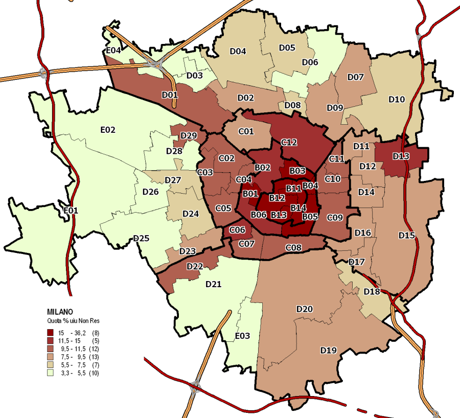 La quota di stock di unità immobiliari, aggregate per la destinazione non residenziale secondo le categorie catastali, fornisce una distribuzione nelle macroaree riportata nella tabella in figura 4.