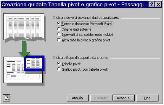 Dalla maschera che si aprirà bisogna indicare per prima cosa dove si trovano i dati da analizzare e il tipo di rapporto da usare. Lasciare invariato e fare clic su Avanti.