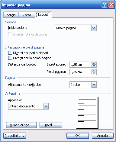 Nella cartella Carta si possono variare le dimensioni del foglio scegliendo tra quelle già a disposizione del programma o si può definire un foglio a piacere selezionando la dimensione Personalizzata