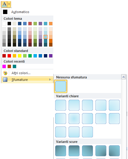 Colore carattere: conferisce al testo un colore a scelta tra quelli proposti dalla tavolozza colore, sfumature incluse.