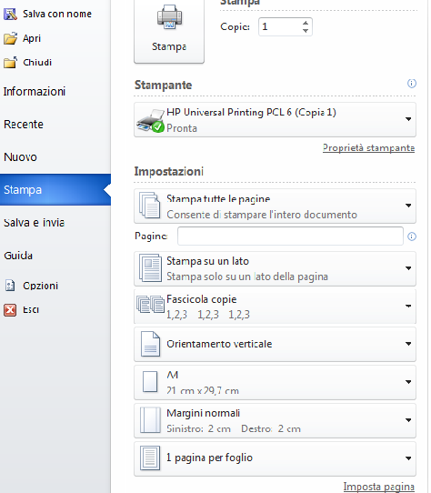 Tramite il comando Stampa saremo in grado di gestire la stampa del nostro documento secondo le opzioni fornite dalla stampante in oggetto.