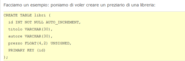 Creare una tabella di