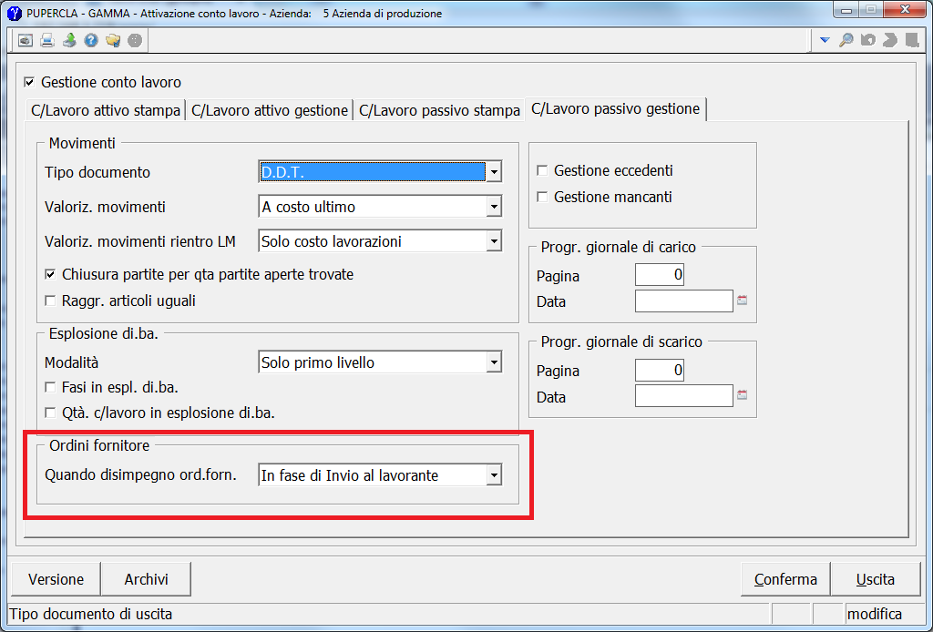 Abilitato nuova lista di selezione per indicare la modalità di gestione della quantità impegnata a produzione relativamente alle materie prime da inviare ai lavoranti.