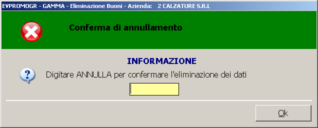 Alla Conferma dei buoni selezionati, viene dato il seguente messaggio: E con ANNULLA tutti i buoni selezionati saranno eliminati e non saranno più presenti nella console Gestione buoni richiamabile