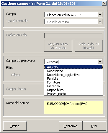 Campo da prelevare Articolo Descrizione Descrizione aggiuntiva Famiglia Fornitore Giacenza Disponibilità In fase di valutazione sul campo Articolo selez.