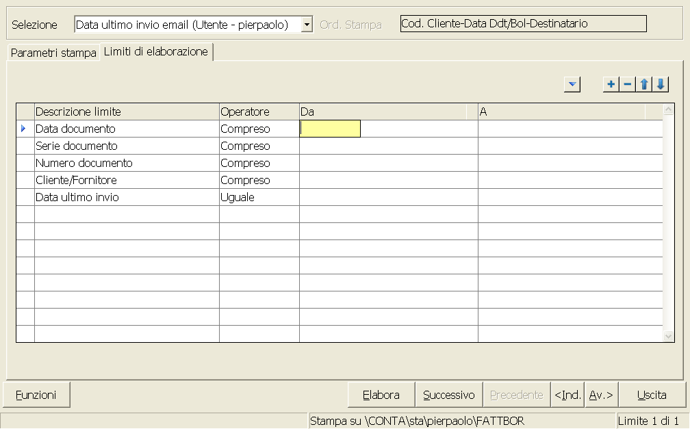 Si precisa che è necessario impostare l operatore UGUALE sul campo Data Ultimo Invio e che lasciandolo uguale a spazio il programma ristampa solo le fatture che non sono state inviate tramite posta