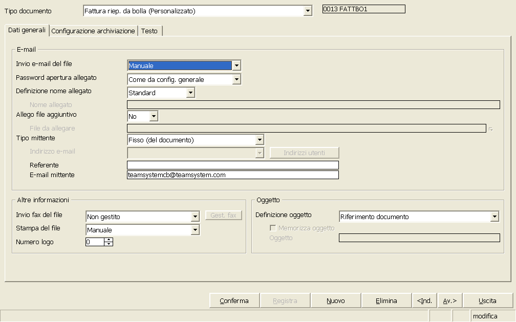 Per la specifica dell altro, bisogna procedere da MODPDF, con due modalità: - se il campo Tipo mittente è valorizzato con Fisso del documento l