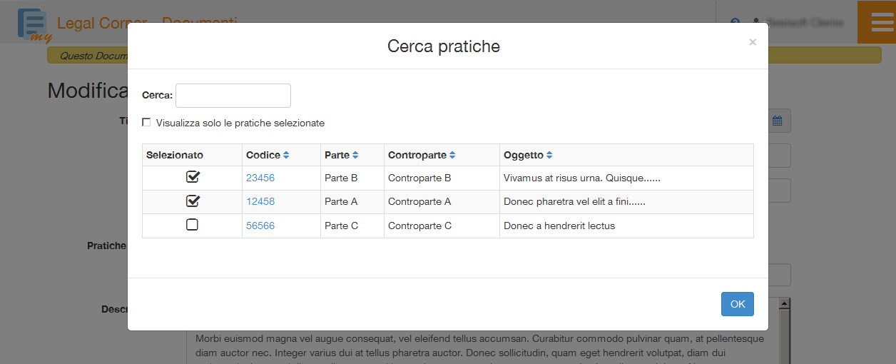 Pratiche collegate: Ad un documento è possibile assegnare una o più Pratiche. Cliccare sul link Aggiungi. Viene aperta la finestra Cerca pratiche.