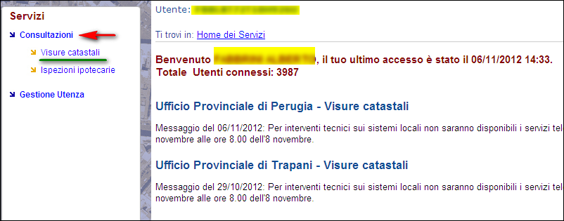 Consultazioni L homepage del servizio presenta, sulla sinistra, un menu che permette, cliccando le sue varie voci, di spostarsi nelle diverse sezioni del sito.