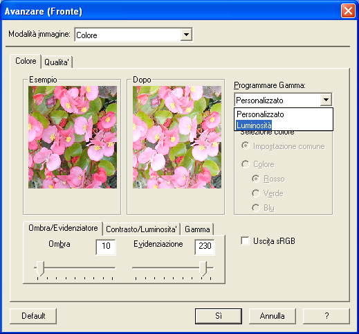 2.8 Scansione di un immagine più chiara 3. Nella finestra TWAIN Driver, fare click sul tasto [Avanzare]. 2 Appare la finestra di dialogo [Avanzare]. 4.